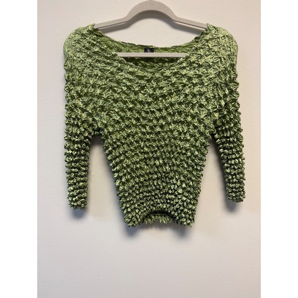 VTG Textured Popcorn Top 3/4 Sleeve Unique Green Blouse - Picture 1 of 6